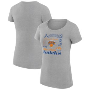 Women's G-III 4Her by Carl Banks Heather Gray New York Knicks Team Name Collage Fitted Graphic T-Shirt