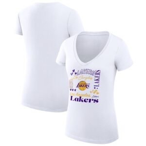Women's G-III 4Her by Carl Banks White Los Angeles Lakers Team Name Collage Fitted Graphic V-Neck T-Shirt