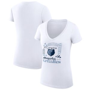 Women's G-III 4Her by Carl Banks White Memphis Grizzlies Team Name Collage Fitted Graphic V-Neck T-Shirt