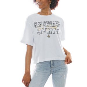 Women's Gameday Couture White New Orleans Saints Keep Playing Boxy Fit Cropped T-Shirt