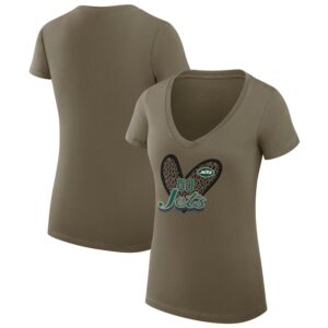 Women's G-III 4Her by Carl Banks Olive New York Jets Leopard Heart Fitted V-Neck T-Shirt