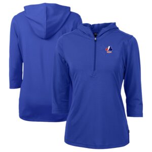 Women's Cutter & Buck Blue Montreal Expos Cooperstown Collection DryTec Virtue Eco Pique Recycled 3/4-Sleeve Half-Zip Pullover Hoodie