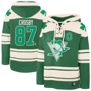 Men's '47 Sidney Crosby Kelly Green Pittsburgh Penguins St. Patrick's Day Player Name & Number Lacer Pullover Hoodie