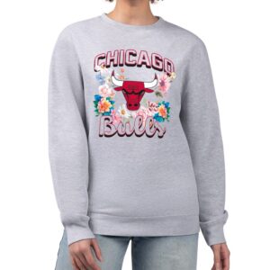 Women's G-III 4Her by Carl Banks Heather Gray Chicago Bulls Flowers Team Logo Graphic Fleece Crewneck Pullover Sweatshirt