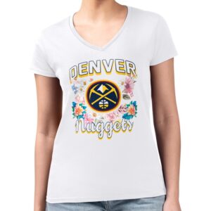 Women's G-III 4Her by Carl Banks White Denver Nuggets Flowers Team Logo Graphic Fitted V-Neck T-Shirt