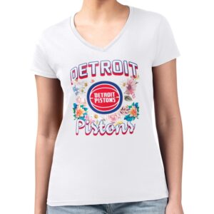 Women's G-III 4Her by Carl Banks White Detroit Pistons Flowers Team Logo Graphic Fitted V-Neck T-Shirt