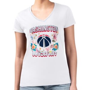 Women's G-III 4Her by Carl Banks White Washington Wizards Flowers Team Logo Graphic Fitted V-Neck T-Shirt