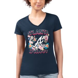 Women's G-III 4Her by Carl Banks Navy Atlanta Braves Flowers Graphic Fitted V-Neck T-Shirt