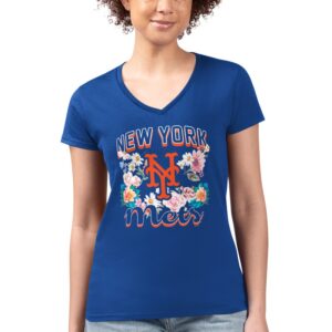 Women's G-III 4Her by Carl Banks Royal New York Mets Flowers Graphic Fitted V-Neck T-Shirt