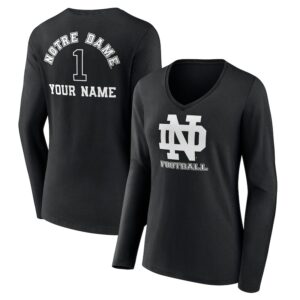 Women's Black Notre Dame Fighting Irish Personalized Name & Number Monochrome Long Sleeve V-Neck T-Shirt