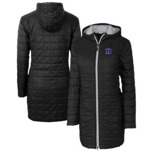 Women's Cutter & Buck  Black Duke Blue Devils Rainier PrimaLoft® Eco Insulated Hooded Full-Zip Long Coat