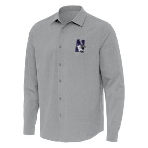 Men's Antigua Gray Northwestern Wildcats Exposure Woven Long Sleeve Full-Button Shirt