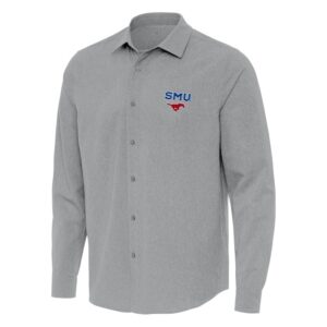 Men's Antigua Gray SMU Mustangs Exposure Woven Long Sleeve Full-Button Shirt