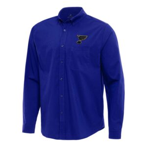 Men's Antigua Royal St. Louis Blues Flight Woven Tri-Blend Long Sleeve Button-Down Shirt