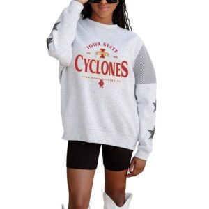 Women's Gameday Couture Ash Iowa State Cyclones Rhinestone Star Mesh Shoulder Fleece Pullover Sweatshirt