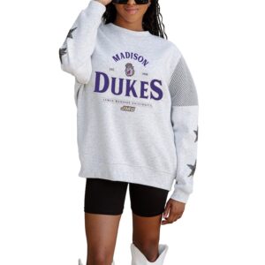 Women's Gameday Couture Ash James Madison Dukes Rhinestone Star Mesh Shoulder Fleece Pullover Sweatshirt