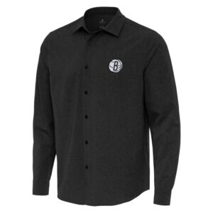 Men's Antigua Black Brooklyn Nets Exposure Woven Long Sleeve Button-Up Shirt