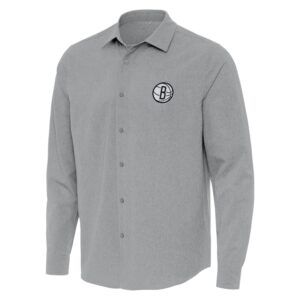Men's Antigua Gray Brooklyn Nets Exposure Woven Long Sleeve Button-Up Shirt