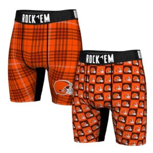 Men's Rock Em Socks   Cleveland Browns Two-Pack Plaid and Checkerboard Boxer Briefs