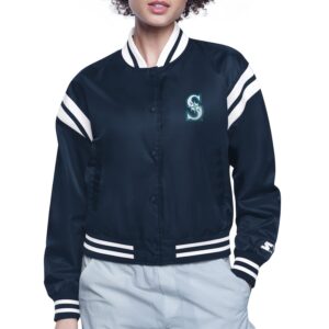 Women's Starter  Navy Seattle Mariners Printed Logo Cropped Satin Varsity Full-Snap Jacket