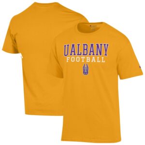 Men's Champion Gold UAlbany Great Danes Football Stacked T-Shirt