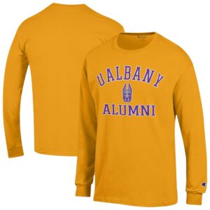 Men's Champion Gold UAlbany Great Danes Alumni Arched Long Sleeve T-Shirt