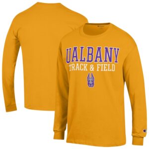 Men's Champion  Yellow UAlbany Great Danes Stacked Track & Field Long Sleeve T-Shirt