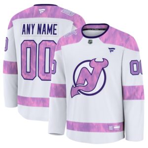 Men's Fanatics  White New Jersey Devils 2024 Hockey Fights Cancer Custom Practice Jersey