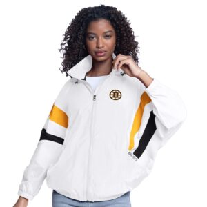 Women's G-III Sports by Carl Banks  White Boston Bruins Game News Oversized Full-Zip Hoodie Jacket
