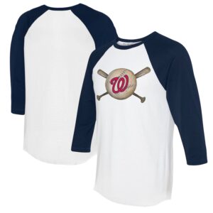 Women's Tiny Turnip White/Navy Washington Nationals Baseball Cross Bats 3/4-Sleeve Raglan T-Shirt