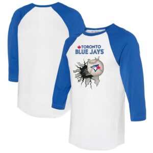 Women's Tiny Turnip  White/Royal Toronto Blue Jays Baseball Tear 3/4-Sleeve Raglan T-Shirt