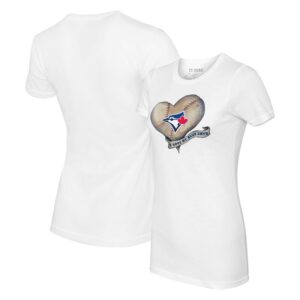 Women's Tiny Turnip White Toronto Blue Jays Heart Banner T-Shirt