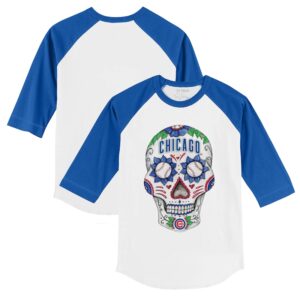 Infant Tiny Turnip White/Royal Chicago Cubs Sugar Skull Raglan 3/4 Sleeve T-Shirt