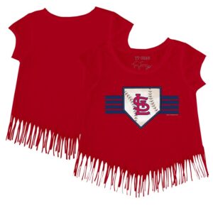 Girls Toddler Tiny Turnip Red St. Louis Cardinals Base Stripe Fringe T-Shirt