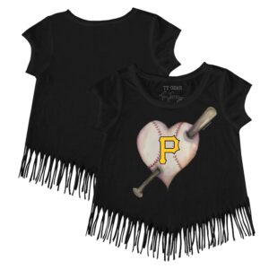 Girls Toddler Tiny Turnip Black Pittsburgh Pirates Heart Bat Fringe T-Shirt