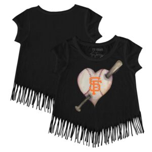 Girls Toddler Tiny Turnip Black San Francisco Giants Heart Bat Fringe T-Shirt