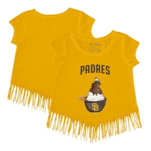 Girls Toddler Tiny Turnip Gold San Diego Padres Sundae Helmet Fringe T-Shirt