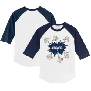 Youth Tiny Turnip White/Navy Seattle Mariners Baseball Pow 3/4-Sleeve Raglan T-Shirt