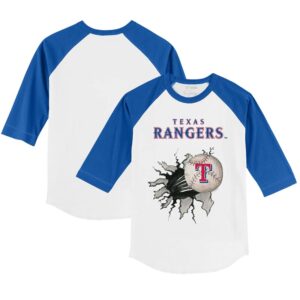 Youth Tiny Turnip White/Royal Texas Rangers Baseball Tear 3/4-Sleeve Raglan T-Shirt