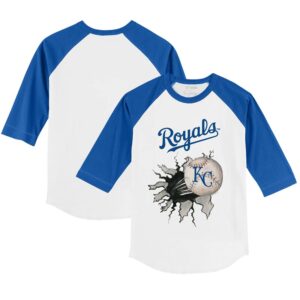 Youth Tiny Turnip White/Royal Kansas City Royals Baseball Tear 3/4-Sleeve Raglan T-Shirt