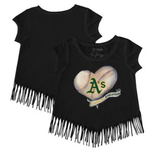 Girls Youth Tiny Turnip Black Athletics Heart Banner Fringe T-Shirt