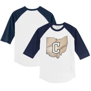 Youth Tiny Turnip White/Navy Cleveland Guardians State Outline 3/4-Sleeve Raglan T-Shirt